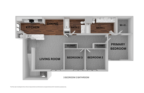 Floor plan for 3 beds, 2 baths, 1280 sqft